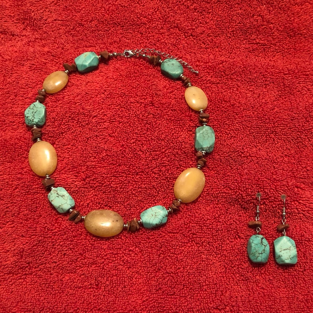 Natural Earth Stones Turquoise Amber Jade Choker Necklace w/ Matching Earrings